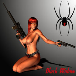 1girls 3d belt_only black_widow_(marvel) dual_wielding female female_only gun human human_only light-skinned_female light_skin marvel marvel_comics natasha_romanoff nude nude_female red_hair rifle sniper_rifle solo solo_female straight_hair weapon