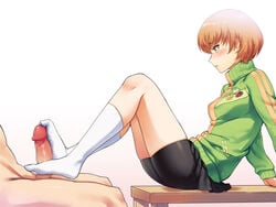 another_story bike_shorts blush brown_eyes brown_hair censored feet female footjob green_jacket highres human jacket japanese knee_socks kneehighs kneesocks no_shoes outerwear penis persona persona_4 persona_4_the_golden pins satonaka_chie school_uniform short_hair sitting skirt socks solo_focus sportswear thighhighs topwear track_jacket white_background white_legwear white_socks