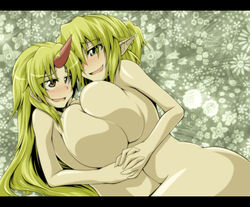 2girls breasts eisen1111 female horn hoshiguma_yuugi huge_breasts mizuhashi_parsee multiple_girls nude regls symmetrical_docking touhou yuri