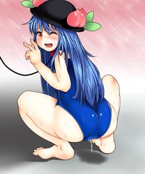 amecha barefoot blue_hair bondage collar food fruit hat highres leash long_hair one-piece_swimsuit peach_(fruit) pussy_juice red_eyes school_swimsuit solo squatting sweat swimsuit tears tenshi_hinanawi touhou wince