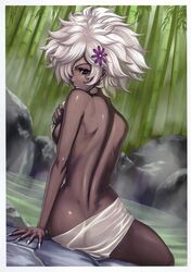 afro ass back bamboo bamboo_forest breasts dark-skinned_female dark_skin eiwa female female_only fingernails flower forest hair_ornament hair_over_one_eye highres long_fingernails looking_back nail nails nature no_more_heroes nude onsen shinobu_jacobs short_hair sideboob solo steam suda_51 towel water white_hair