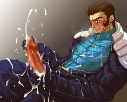 1boy bara blush blush_lines blushed blushing brown_eyes brown_hair censored censored_penis cum cum_everywhere cum_explosion cum_shot cumshot erection facial_hair fake_iron goatee gray_background human king_of_fighters male male_only manly masturbation mature_male maxima_(kof) mosaic_censoring muscles muscular_male mutton_chops penis pixelated_penis sideburns simple_background snk solo