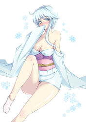 1girls blue_eyes blue_hair blush breasts cleavage female humanoid jigoku_sensei_nube kimono large_breasts long_hair looking_at_viewer minato_satoi pale-skinned_female pale_skin shounen_jump socks solo yuki-onna yukime