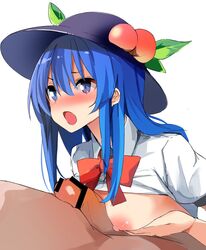 1boy :o areolae bangs black_headwear blue_eyes blue_hair blush breasts collared_shirt commentary_request eyelashes female fruit_hat_ornament highres kamukamu_(ars) leaf looking_to_the_side open_mouth paizuri peach_hat_ornament penis puffy_short_sleeves puffy_sleeves red_neckwear red_ribbon ribbon shirt short_sleeves sidelocks simple_background small_breasts tenshi_hinanawi touhou white_background wing_collar