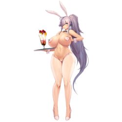 1girls animal_ears areola_slip areolae big_breasts blush bow bowtie breasts cherry cream detached_collar fake_animal_ears female food fruit full_body glass hair_over_one_eye high_heels highres huge_breasts ice_cream last_origin light-skinned_female light_skin long_hair looking_at_viewer name_tag navel nipple_piercing official_art pantyhose parfait pasties playboy_bunny ponytail pussy rabbit_ears silver_hair snowball22 solo sundae t-20s_gnome t-20s_gnome_(bunny_girl_costume) tachi-e taped_pussy very_long_hair white_heart_pasties white_legwear white_pasties wrist_cuffs