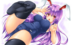 2021 animal_ears blush bunny_ears bunny_girl cameltoe kamiya_tomoe looking_at_viewer no_shoes one-piece_swimsuit purple_hair red_eyes reisen_udongein_inaba swimsuit tagme thighhighs tight_clothing touhou