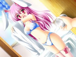 2010 animal_ears blue_bra blue_panties blush bow_panties bra breasts bunny_ears bunny_girl cleavage dressing embarrassed frilled_panties kamiya_tomoe lingerie looking_at_viewer navel panties pink_eyes pink_hair reisen_udongein_inaba standing tagme thighhighs touhou