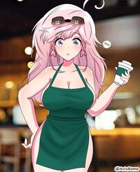 1girls ??? ahoge apron artsreme bad_id bad_pixiv_id big_breasts blue_eyes breasts coffee_cup confused confused_look earrings female female_only goggles goggles_on_head green_apron hanako_hakase heart_earrings iced_latte_with_breast_milk image_sample indoors meme naked_apron pink_hair slightly_open_mouth solo zombie_land_saga zombie_land_saga_gaiden:_the_first_zombie