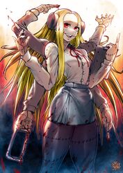 1girls blonde_hair blood female female_only franken_fran glasgow_smile hi_res long_hair looking_at_viewer madaraki_fran metal_bolts multi_arm multi_limb pantyhose red_eyes shirt skirt smile smiling_at_viewer solo solo_female stitches thegoldensmurf