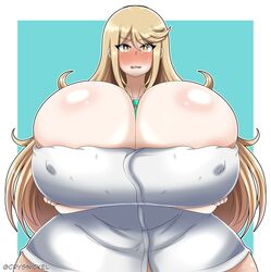 1girls alternate_body_type alternate_breast_size arms_folded arms_under_breasts blonde_hair blush breasts breasts_bigger_than_head crysnickel curvaceous curvy female female_focus front_view hips huge_breasts hyper hyper_breasts long_hair looking_at_viewer mythra nipple_bulge simple_background solo solo_female sweat sweatdrop thick_thighs thighs towel voluptuous watermark wide_hips xenoblade_(series) xenoblade_chronicles_2