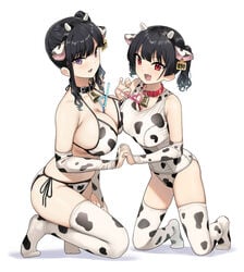 2021 2girls :d absurd_res animal_ears asymmetrical_docking bare_shoulders bell bell_collar bikini black_hair black_hairband breast_squish breasts cleavage collar cow_bikini cow_ears cow_girl cow_horns cow_print cow_print_swimsuit cowbell drinking_straw ear_tag eyebrows_visible_through_hair fake_animal_ears fake_horns fangs female female_only full_body grey_background hairband heart highres holding_hands horns interlocked_fingers kaedeko_(kaedelic) kanna_sasaki_(kaedeko) kneeling large_breasts looking_at_viewer miyuki_sasaki_(kaedeko) multiple_girls one-piece_swimsuit open_mouth original purple_eyes red_eyes shadow short_hair short_twintails siblings side-tie_bikini side_ponytail sideboob simple_background sisters skindentation smile straw swimsuit thighhighs tied_hair tongue twintails zettai_ryouiki