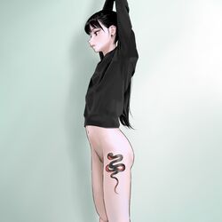 1girls arms_up black_hair bottomless hiramedousa long_hair long_sleeves realistic simple_background snake_tattoo solo standing tattoo