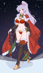 1girls alternate_costume bare_midriff bare_thighs bell breasts cape christmas christmas_outfit cleavage commission cosplay detectiveneko female female_only fire_emblem fire_emblem:_genealogy_of_the_holy_war fire_emblem_heroes high_heels hourglass_figure ishtar_(fire_emblem) large_breasts long_hair looking_at_viewer nintendo panties ponytail purple_eyes purple_hair red_panties smile snow solo stockings tharja_(fire_emblem)_(cosplay) thighhighs thighs