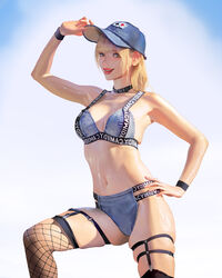 1girls blonde_hair cleavage fishnets hand_on_hip hat jeans looking_at_viewer medium_breasts pose shiny_skin simple_background skindentation smile wonbin_lee