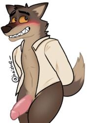 anthro balls blush bottomless canid canine canis clothed clothing dreamworks flustered genitals haizhe8 humanoid_genitalia humanoid_penis male male_only mammal mr._wolf_(the_bad_guys) open_clothing open_shirt open_topwear partially_clothed penis raised_tail shirt simple_background smile solo teeth the_bad_guys topwear white_background wolf yellow_sclera