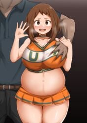 1boy 1girls absurd_res big_breasts blush breasts brown_eyes brown_hair cheerleader cheerleader_uniform choker curvy_figure eye_contact female high_resolution huge_breasts large_breasts looking_at_viewer my_hero_academia ochako_uraraka pregnant pregnant_milf short_hair size_difference skirt smaller_female standing textless thick_thighs thighs u.a._cheerleader_outfit wide_hips yamaori