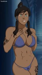 1girls abs artist_name avatar_legends bikini blue_eyes brown_hair cleavage commission dark-skinned_female female female_only inuit korra large_breasts nipples_visible_through_clothing ponytail smile solo straight_hair swimsuit tattoo teenager the_avatar the_legend_of_korra venusintimate water_tribe