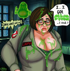 bbw big_breasts brown_eyes brown_hair bukkake chubby chubby_female cleavage cum cum_on_body cum_on_breasts cum_on_face disgusted fat_people_only funny ghost ghostbusters goo haunted_house logo original_character overalls slime slimer thewink ugly