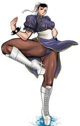 2d alternate_costume black_hair boots bun_cover capcom chinese_clothes chun-li cross-laced_footwear double_bun earrings heels heels_fetish heels_focus high_heel_boots high_heel_fetish high_heels high_heels_focus highres jewelry knee_boots komii lace-up_boots legs looking_at_viewer pantyhose platform_heels shoes street_fighter thick_thighs thighs upskirt