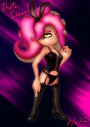 brown_legwear bunny_ears bunnysuit desti_(smg4) eyes_half_open female grin high_heels octoling octoling_girl pantyhose pink_hair seductive_look smg4 splatoon splatoon_2 tan wing_fury yellow_eyes