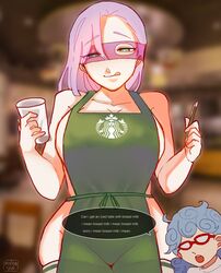 2girls apron blue_eyes blue_hair breasts cup dialogue eye_mask female ghiaccio gloves green_apron holding_object human iced_latte_with_breast_milk indoors jojo's_bizarre_adventure lesbian licking_lips malonsanmeloney mask melone meme naked_apron pen purple_hair rule_63 shounen_jump speech_bubble starbucks text tongue tongue_out vento_aureo