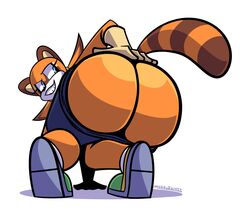 anthro ass big_ass bubble_butt butt_crack clothing female female_focus female_only huge_butt looking_back marine_the_raccoon mooning mythabyss presenting_hindquarters raccoon sega shorts shorts_down smug solo sonic_(series) squatting tomboy