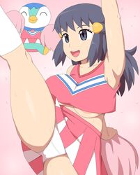 1girls alternate_costume ambiguous_gender areolae big_breasts blue_eyes blue_hair breasts cheerleader cheerleader_uniform dawn_(pokemon) female kabeume long_hair nintendo official_alternate_costume panties piplup pokemon pokemon_(anime) pokemon_(species) pokemon_dppt skirt thick_thighs thighs