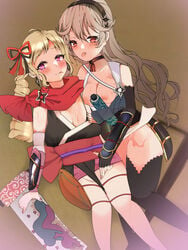 2girls after_kiss alternate_costume bare_thighs blonde_hair breasts breasts_out brown_hair corrin_(female)_(ninja)_(fire_emblem) corrin_(fire_emblem) corrin_(fire_emblem)_(female) elise_(fire_emblem) elise_(ninja)_(fire_emblem) female_only fire_emblem fire_emblem_fates fire_emblem_heroes hairband inner_thighs japanese_clothes kissing long_hair looking_at_viewer medium_breasts multiple_girls ninja nintendo nipples official_alternate_costume pieiru pink_hair red_eyes saliva saliva_string sisters smile textless thighhighs thighs tongue tongue_out twintails yuri