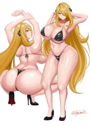 1girls alternate_breast_size ass big_ass big_breasts big_butt bikini blonde_hair breasts cynthia_(pokemon) eye_contact hair_ornament high_heels huge_ass huge_breasts large_ass large_breasts long_hair looking_at_viewer micro_bikini nintendo pokemon pokemon_dppt skyloveit thick_thighs thighs white_background wide_hips