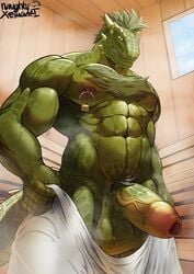 1boy 2021 abs absurd_res anthro argonian balls barazoku bethesda_softworks big_balls big_muscles big_penis bodily_fluids body_hair chest_hair erection foreskin genitals hair hi_res holding_object holding_towel horn inside lock low-angle_view male male_only muscular muscular_anthro muscular_male naughtyxerigart navel nipple_piercing nipple_ring nipples non-mammal_balls non-mammal_nipples obliques pecs penis piercing pubes sauna scalie signature smile solo standing steam sweat the_elder_scrolls towel video_games