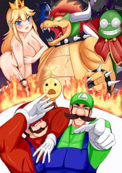 1girls 2014 2others 5boys :o ass big_ass black_hair blonde_hair blue_eyes blush bowser bracelet breasts brothers brown_hair cap claws clothed clothed_male_nude_female clothing covering covering_breasts covering_crotch crown dark_bowser dark_star_(mario) embarrassed eyebrows_visible_through_hair fawful female fire floating glasses gloves glowing glowing_eyes goes_hard green_clothing green_skin grin hair_between_eyes hat highres horns humor jewelry jojo_pose jojo_reference large_breasts leaning_forward looking_at_viewer luigi male mario mario_(series) mario_and_luigi_(series) monster moustache multiple_boys muscles muscular muscular_male nintendo nude open_mouth overalls pointing_at_viewer pose princess_peach red_clothing red_hair serious sharp_teeth shell shoes short_hair siblings skin_tight smile spiked_bracelet spiked_collar spiked_shell spikes standing star starlow sweat sweating teeth thigh_gap thighs tongue turtle_shell white_gloves yukibana_(awa)