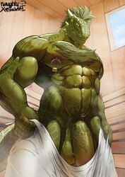 1boy 2021 abs absurd_res anthro argonian balls barazoku bethesda_softworks big_muscles big_penis bodily_fluids body_hair chest_hair flaccid genitals hair hi_res holding_object holding_towel horn inside lock low-angle_view male male_only muscular muscular_anthro muscular_male naughtyxerigart navel nipple_piercing nipple_ring nipples non-mammal_balls non-mammal_nipples obliques pecs penis piercing pubes sauna scalie signature smile solo standing steam sweat the_elder_scrolls towel video_games