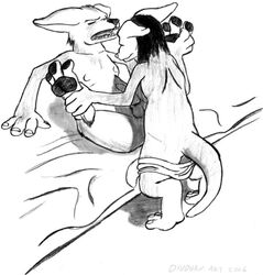 ambiguous_species anal anal_sex animal_genitalia anthro anthro_on_anthro anthro_penetrated anthro_penetrating anthro_penetrating_anthro ass balls bed bedding big_ears big_feet black_nose black_soles blanket bottomwear canid clothed clothing dark_hair digitigrade divdurvart duo feet foot_grab from_front_position furniture genitals hair hindpaw humanoid leg_grab light_colored_hair long_hair lying male male/male male_penetrated male_penetrating male_penetrating_male mammal missing_tail missionary_position on_back on_bed open_mouth partially_clothed paws penetration penile penile_penetration penis sex short_fur shorts shorts_down simple_background skinny_male standing toes