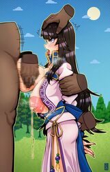 arm_grab arms_behind_back bangs bare_legs black_hair breasts breasts_out crying crying_with_eyes_open cum cum_in_nipples drooling female fire_emblem fire_emblem:_the_blazing_blade hand_on_head huge_breasts inverted_nipples japanese_clothes karla_(fire_emblem) long_hair male nintendo nipple_penetration nipples outdoors outercourse paizuri rape restrained saliva takyzen tongue tongue_out yellow_eyes