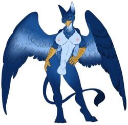 anthro avian balls beak big_breasts blue_body blue_eyes blue_feathers breasts feathers flexible_survival futanari genitals gryphon gynomorph hi_res intersex looking_at_viewer mythological_avian mythology nipples nude solo vashaa wings