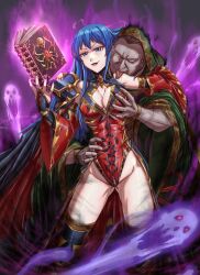 1boy 1girls :d arm_around_neck ass_visible_through_thighs bare_thighs black_nails blue_eyes blue_hair boots breast_grab breasts caeda_(fire_emblem) cleavage corruption detached_sleeves evil_smile fire_emblem fire_emblem:_mystery_of_the_emblem fire_emblem:_shadow_dragon_and_the_blade_of_light gharnef_(fire_emblem) groping large_breasts leebigtree leotard licking long_hair long_nails magic nail_polish nintendo open_mouth smile thigh_boots thighs