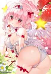 angel_wings arm_strap ass bangs blush bow breasts cameltoe chihiro_(khorosho) closed_mouth commentary_request cowboy_shot eyebrows_visible_through_hair female flower food from_behind fruit hair_between_eyes hairbow halo holding holding_food holding_fruit large_breasts long_hair looking_at_viewer looking_back multi_wing original panties pink_hair pointy_ears red_bow red_eyes red_ribbon ribbon smile solo star_(symbol) strawberry thigh_strap two_side_up underwear white_flower white_panties wings