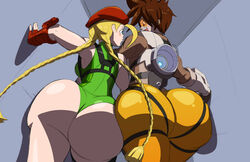 angry annoyed axel-rosered big_butt blonde_hair brown_hair butt butt_to_butt cammy_white chronal_accelerator crossover female female_only game gloves goggles green_suit harness huge_butt human large_butt looking_at_another orange-tinted_eyewear overwatch red_gloves red_hat robot_suit street_fighter stuck tinted_eyewear tracer visor yellow_suit