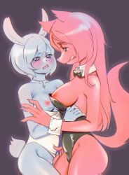 accessory anthro blue_body blush breasts bunny_costume canid canine canis clitoral_fingering clothing costume duo female female/female fur hair kemono lagomorph leporid long_hair mammal nipples open_mouth rabbit red_body red_fur revealing_clothes short_hair tongue tongue_out undressing weedymeadowfawn wolf