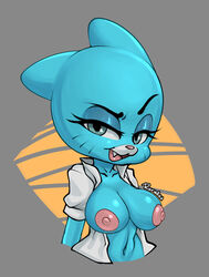 anthro big_breasts breasts bust_portrait cartoon_network clothed clothing domestic_cat eyebrows felid feline felis felis_catus female hi_res looking_at_viewer mammal nicole_watterson open_clothing open_shirt open_topwear portrait raised_eyebrow ruruduu shirt simple_background smile smirk snaggle_tooth solo the_amazing_world_of_gumball topwear