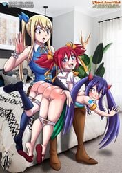 3girls angry bear_panties bedroom big_breasts blonde_hair blue_shoes blush chelia_blendy crying dark_blue_hair double_spanking fairy_tail female female_only hand_on_hip hands_down legs_up long_hair looking_back lucy_heartfilia multiple_girls palcomix pussy red_hair red_hands spank_marks spanking wendy_marvell yuri