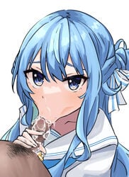 blowjob blue_eyes blue_hair clothed clothed_female clothed_female_nude_male cum_in_mouth dark-skinned_male fellatio female hime_apple hololive hololive_gen_0 hololive_japan hoshimachi_suisei male nude nude_male oral sailor_uniform stray_pubic_hair teenager vacuum_fellatio virtual_youtuber