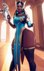 1girls 3d ass big_ass big_breasts black_hair blizzard_entertainment blue-tinted_eyewear breasts dark-skinned_female dark_skin dress female female_only indian looking_at_viewer overwatch pelvic_curtain petite solo superhentaimaster9000 symmetra thick_thighs thighhighs tinted_eyewear visor wide_hips yellow_eyes