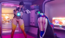 2girls 3d areolae ass bent_over big_ass big_breasts breasts chronal_accelerator d.va duo erect_nipples exposed_breasts exposed_pussy eyewear female female_only goggles harness human looking_at_viewer looking_back nail_polish nipples orange-tinted_eyewear overwatch salute skimpy superhentaimaster9000 thick_thighs tinted_eyewear tracer visor wide_hips yellow-tinted_eyewear