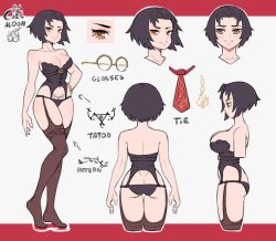 1girls black_hair bustier character_sheet lingerie lokigun oc short_hair tattoo tie watermark yellow_eyes