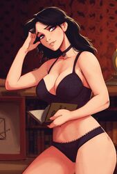 1girls alternate_costume black_bra black_hair black_panties bra breasts cd_projekt_red choker clothing female lipstick long_hair looking_at_viewer matching_underwear panties purple_eyes raichiyo33 smile solo sorceress spread_legs the_witcher_(series) the_witcher_3:_wild_hunt underwear_only yennefer