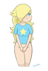 1girls aquaraptor artist_name blonde_hair blue_eyes blue_shirt blush bottomless breasts covering_crotch embarrassed female female_only hair_over_one_eye light-skinned_female light_skin long_hair looking_away mario_(series) nintendo partially_clothed princess_rosalina shirt simple_background solo standing super_mario_galaxy v_arms white_background white_skin