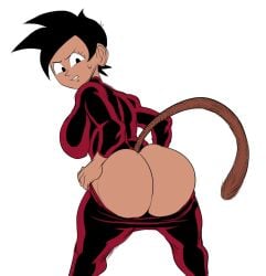 1girls ass big_ass big_breasts black_eyes black_hair breasts dark-skinned_female detnox dragon_ball female female_only female_saiyan huge_ass looking_back original_character pants_down red_pants red_skirt red_suit saiyan solo struggling_to_fit tail tufura_(detnox)