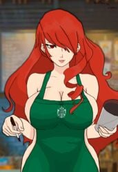 1girls apron apron_only atlus big_breasts breasts female female_only huge_breasts iced_latte_with_breast_milk large_breasts lipstick long_hair megami_tensei meme mitsuru_kirijo persona persona_3 red_eyes red_hair solo victoria_mikoto victoriamikoto