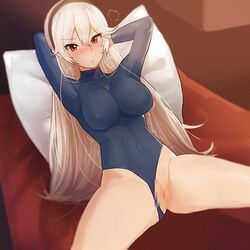 1girls arms_behind_head bare_thighs blonde_hair blush breasts censored corrin_(fire_emblem) corrin_(fire_emblem)_(female) cpb fire_emblem fire_emblem_fates hairband large_breasts leotard leotard_aside nintendo on_back on_bed pillow pointy_ears red_eyes sex solo spread_legs thighs vaginal_penetration very_long_hair